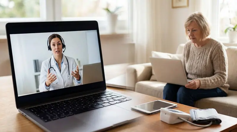 Notebook mostrando uma médica em videochamada, com uma senhora acompanhando do sofá ao fundo