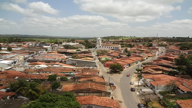 Bairro de casas térreas com telhados de cerâmica, visto do alto, com uma rua e árvores