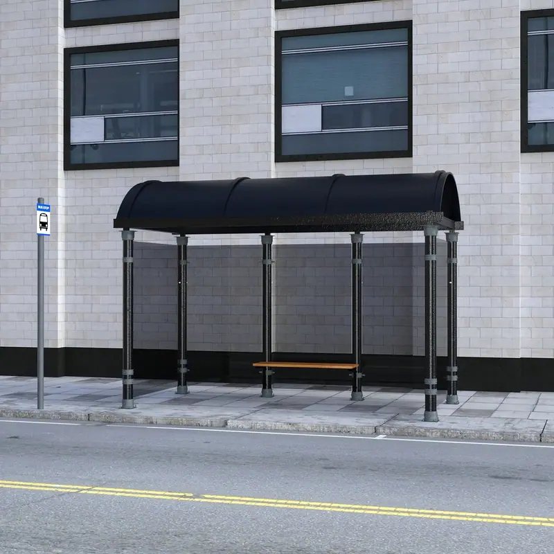 Ponto de ônibus coberto e vazio numa calçada, em frente a um prédio de janelas largas