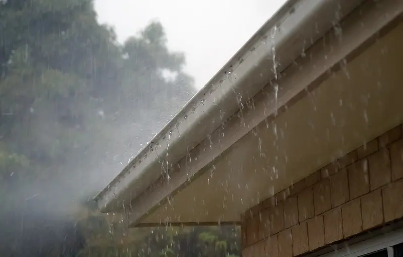 Água da chuva transbordando de uma calha na beira de um telhado, com árvores ao fundo