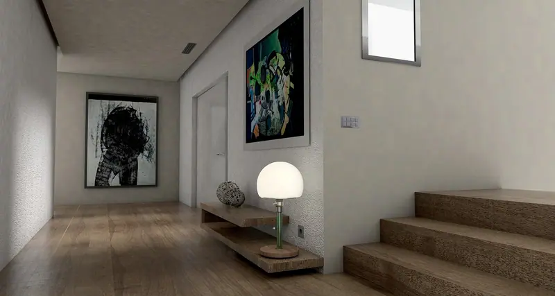 Hall de paredes lisas com escada, luminária redonda e quadros, sem tapetes nem cortinas