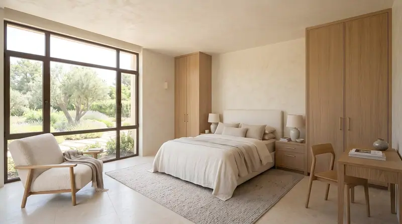 Quarto claro com cama de casal e uma janela grande voltada para um jardim