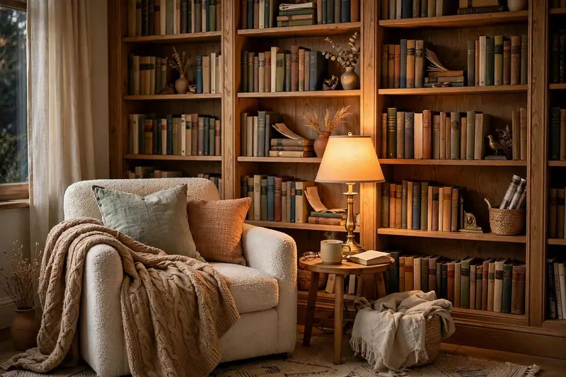 Canto de leitura com poltrona clara, manta, abajur aceso e estante cheia de livros