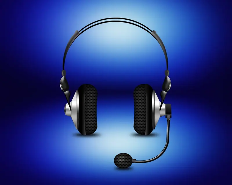 Fone de cabeça com microfone acoplado, sobre fundo azul