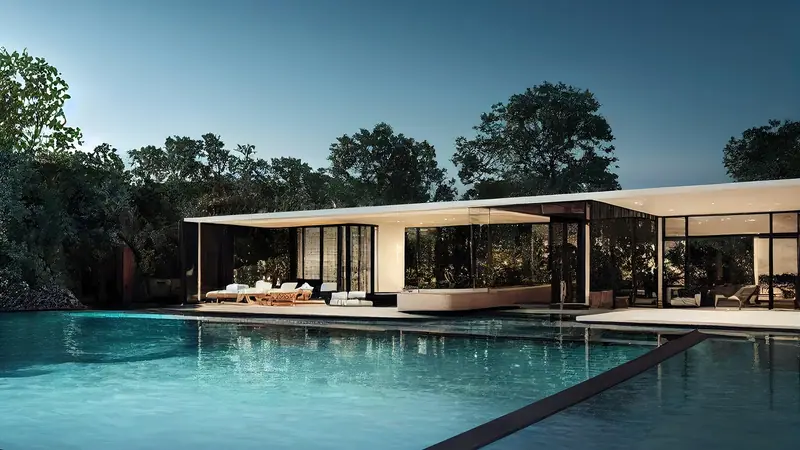 Casa térrea moderna com grandes portas de vidro, piscina em primeiro plano e árvores ao redor