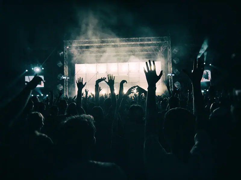 Silhuetas do público com as mãos para o alto diante de um palco iluminado em show à noite