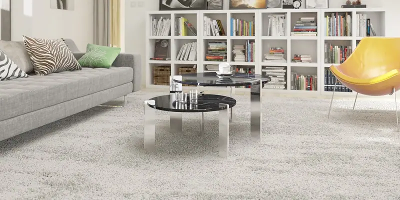 Sala com sofá cinza, tapete felpudo claro e uma estante cheia de livros ao fundo