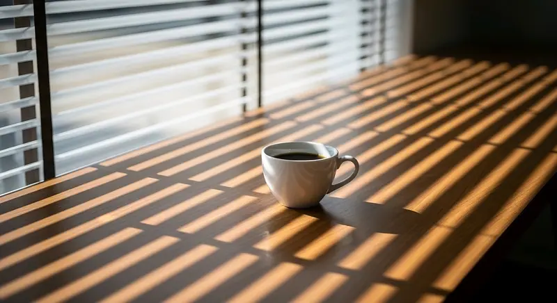 Xícara de café sobre uma mesa de madeira, com a luz da manhã entrando pela persiana