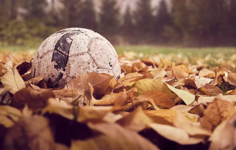 Bola de futebol gasta caída entre folhas secas, com o fundo desfocado