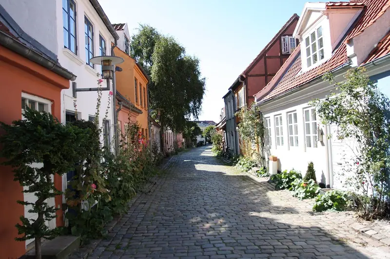 Rua estreita de paralelepípedos com casas coladas dos dois lados, janelas brancas e plantas junto às fachadas