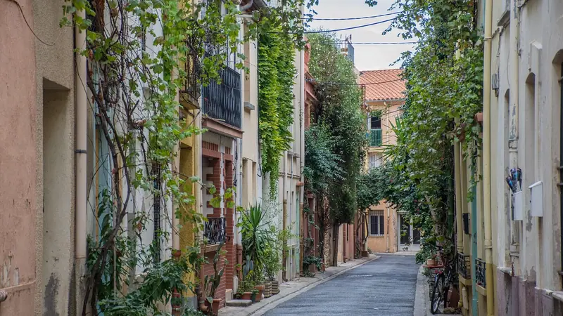 Rua estreita e sem movimento, com casas de fachadas coloridas e plantas nas calçadas dos dois lados