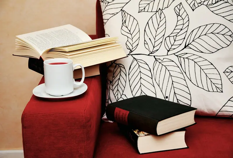 Livros abertos e uma xícara de chá sobre o braço de um sofá vermelho com almofada estampada