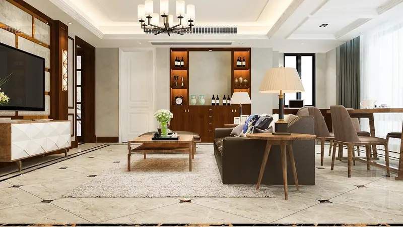 Sala de estar elegante com sofás, mesa de centro, lustre, piso claro e janelas com cortinas