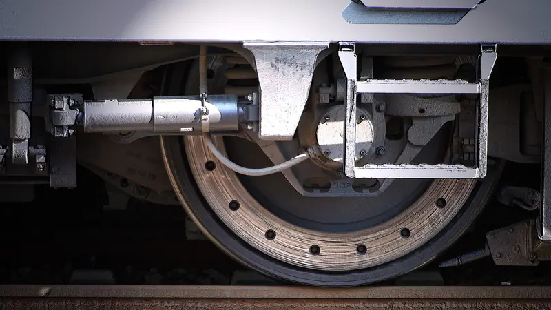 Roda de trem apoiada no trilho, em close, com o disco de freio e peças da suspensão à mostra