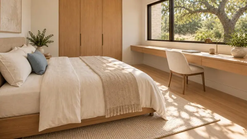 Quarto claro com cama de roupa bege, bancada de madeira e uma janela ampla com sol entrando