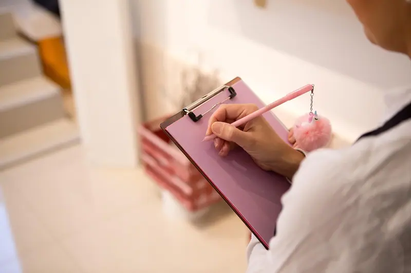 Mãos fazendo anotações numa prancheta rosa, num ambiente claro