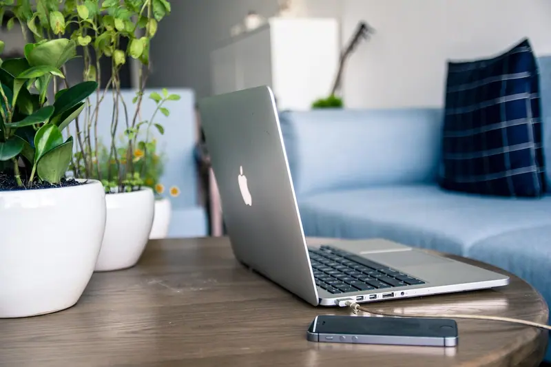 Notebook aberto e celular sobre uma mesa de madeira, ao lado de vasos de planta
