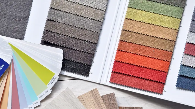 Amostras de tecidos, leque de cores e lâminas de madeira espalhados sobre a mesa de projeto