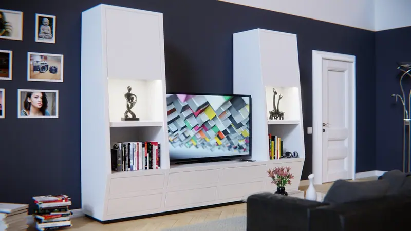 Sala com estante branca, televisão e uma porta branca fechada ao lado