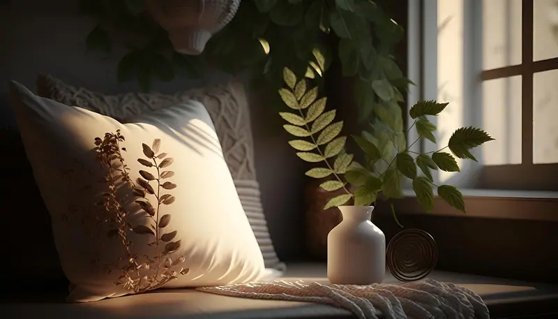 Almofada clara e vaso com planta junto a uma janela, com luz quente entrando no fim da tarde