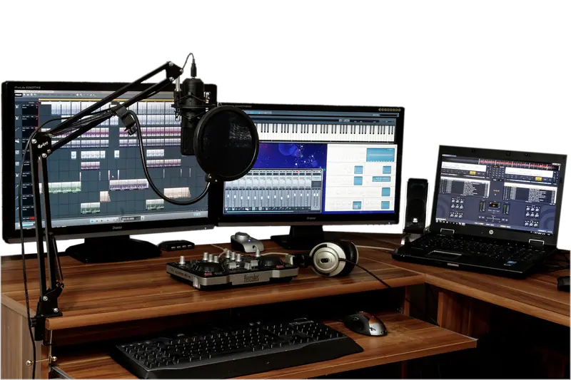 Mesa de home studio com microfone em braço articulado, teclado, monitores e caixas de som