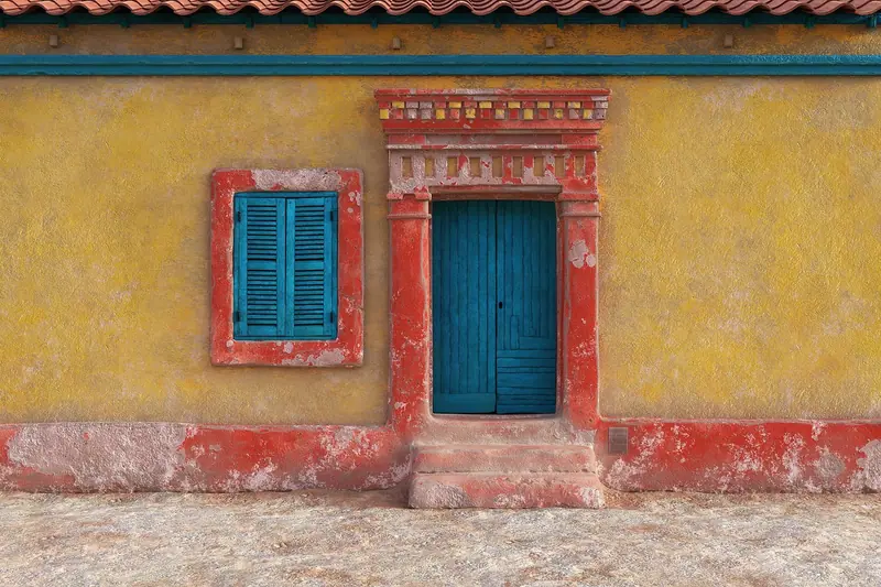 Fachada amarela de casa com porta azul que dá direto para a rua