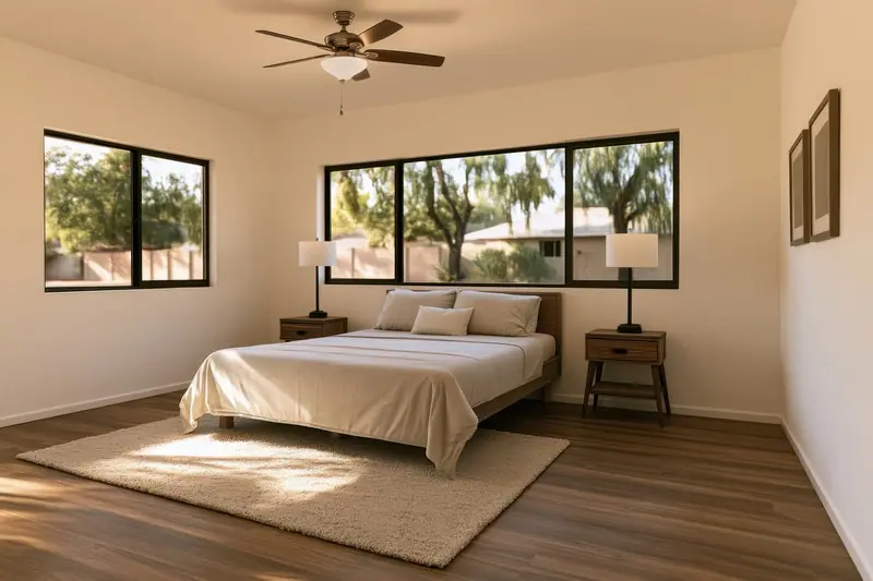 Quarto claro com cama de casal, ventilador de teto e janelas largas com vista para árvores