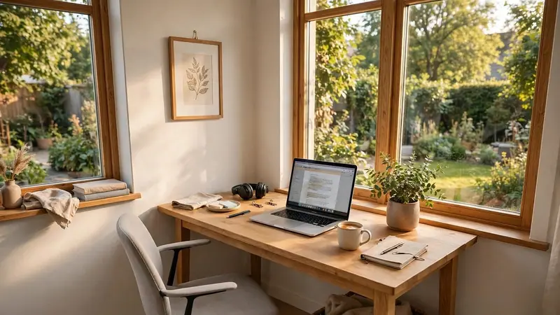 Mesa de madeira com notebook e cadeira junto a uma janela com vista para árvores