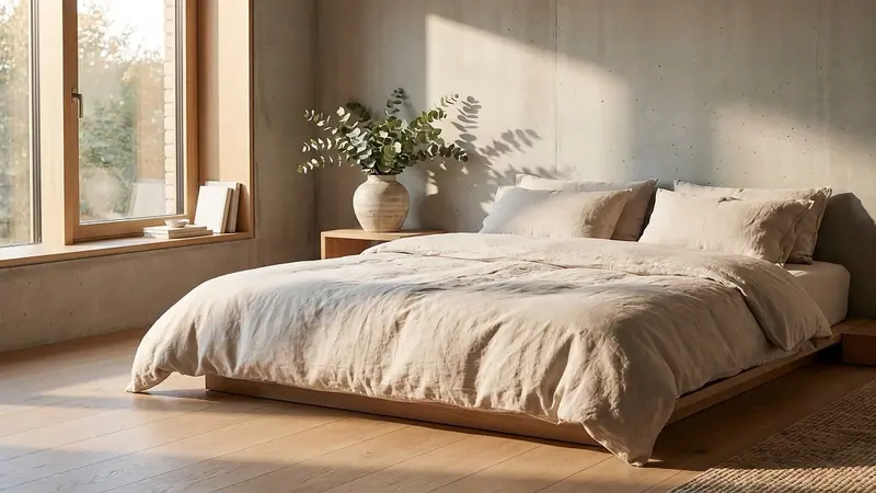 Quarto claro e arrumado, com cama de lençóis em tons de areia e luz do sol entrando pela janela