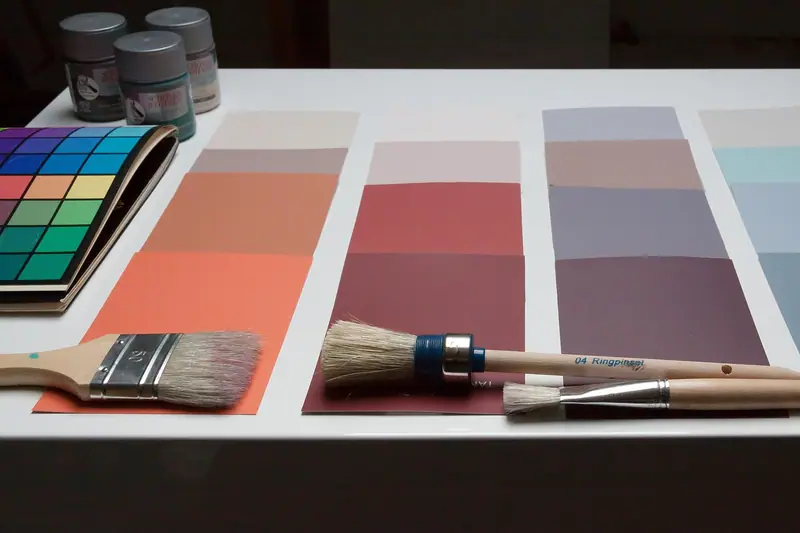 Cartela de tintas em tons de rosa e cinza, potes de tinta e pincéis sobre uma mesa branca
