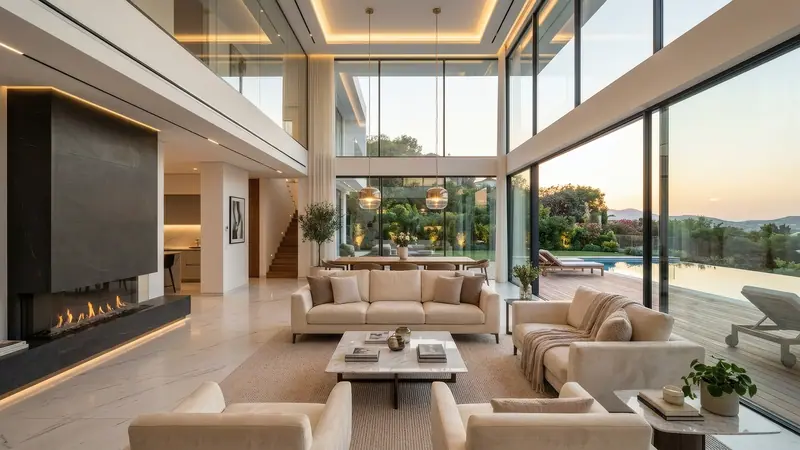 Sala de pé-direito alto com sofás claros e paredes de vidro do piso ao teto ao entardecer