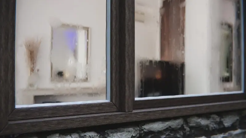 Janela de caixilho escuro vista de dentro de uma sala, com móveis desfocados ao fundo