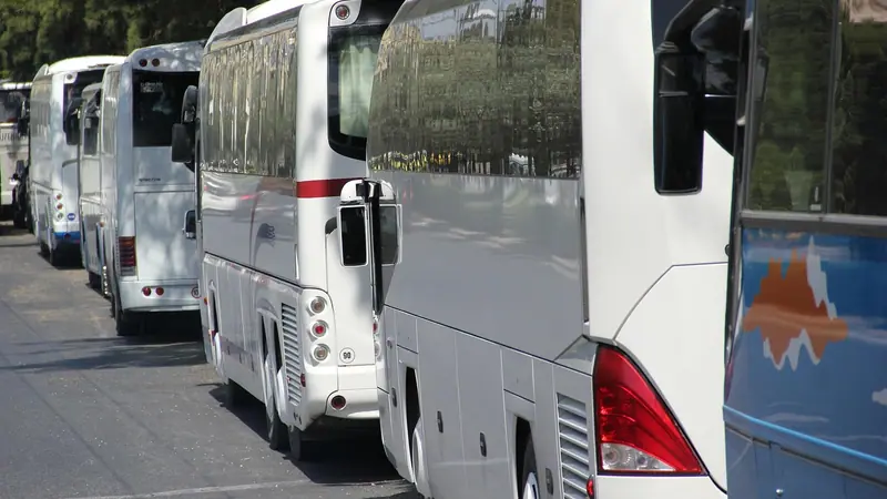 Fila de ônibus brancos estacionados um atrás do outro junto à calçada, vistos por trás, com árvores ao fundo