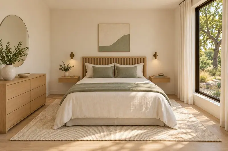 Quarto claro com cama de casal arrumada, cômoda de madeira e uma janela grande com vista para árvores