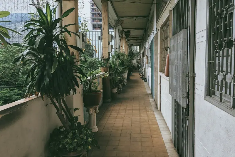 Corredor externo de um prédio residencial com vasos de plantas de um lado e portas de apartamentos do outro