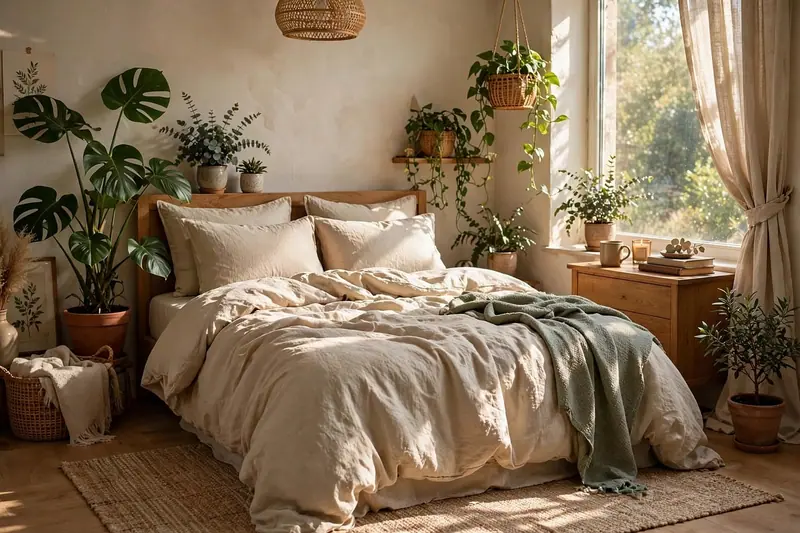 Quarto aconchegante com cama de lençóis claros e muitas plantas em vasos perto da janela