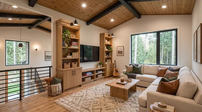 Sala de estar com sofá em L, TV numa estante de madeira e janelas amplas