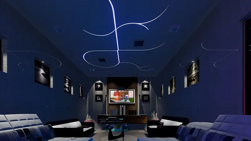 Sala de cinema em casa com paredes azuis, poltronas, tela ao fundo e luzes no teto