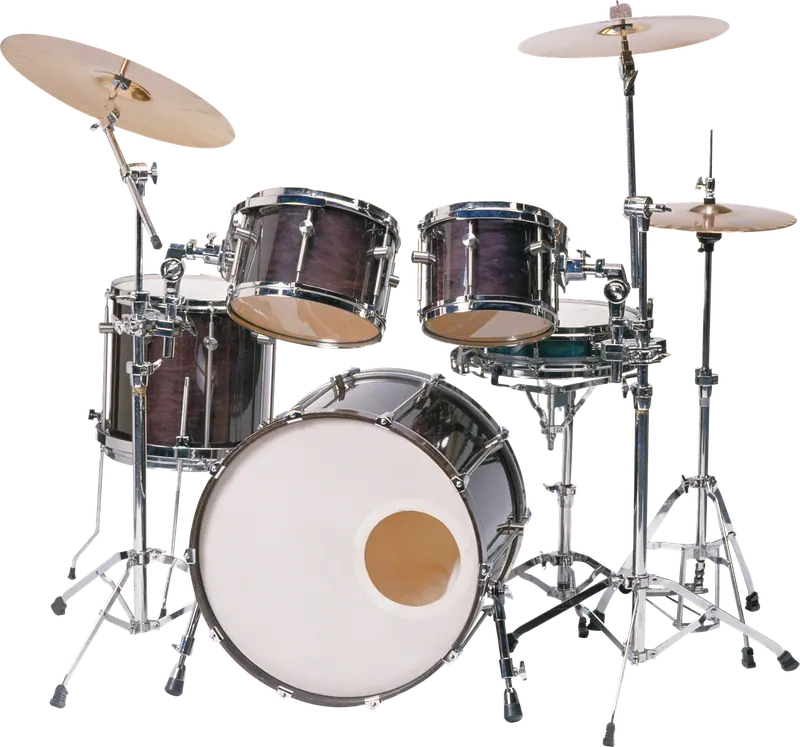 Bateria acústica com tambores, bumbo e pratos sobre fundo preto