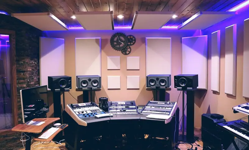 Home studio com mesa de som, caixas de monitor e painéis claros nas paredes