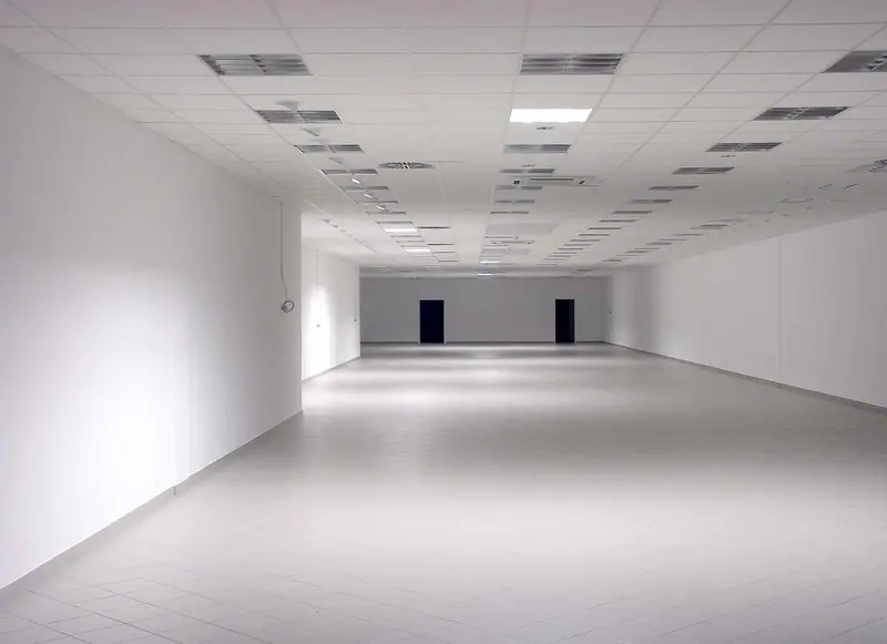 Salão de escritório vazio, com paredes brancas e forro rebaixado de placas com luminárias