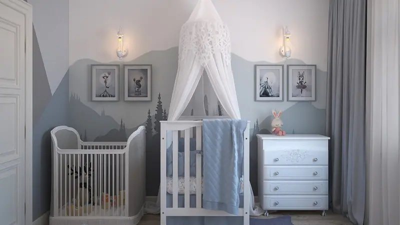 Quarto de bebê em tons de cinza e branco, com berço, cômoda e dossel claro