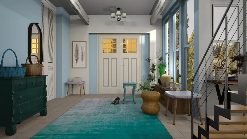 Hall de entrada com porta dupla branca de vidros ao fundo, tapete verde e escada ao lado