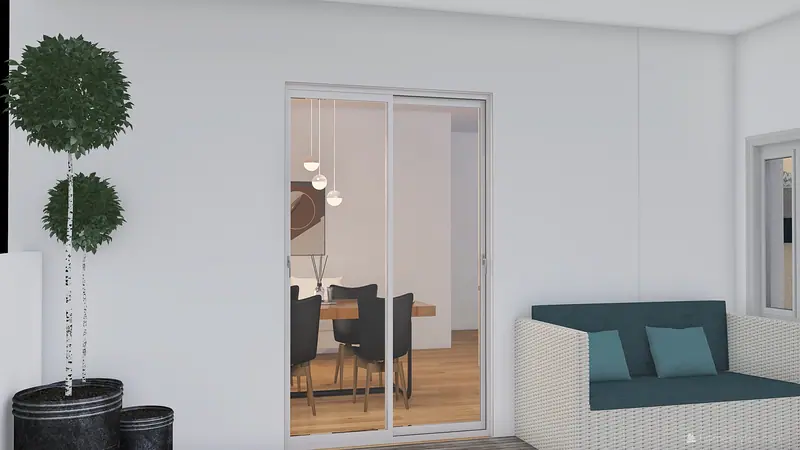 Porta de correr de vidro com moldura branca separando uma sala de estar de uma sala de jantar