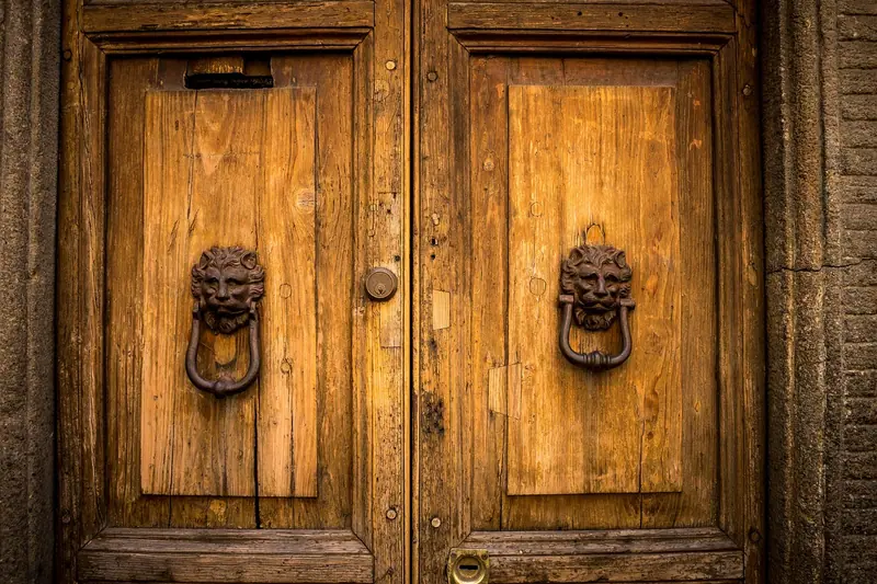 Porta dupla de madeira maciça com aldravas de metal em forma de cabeça de leão
