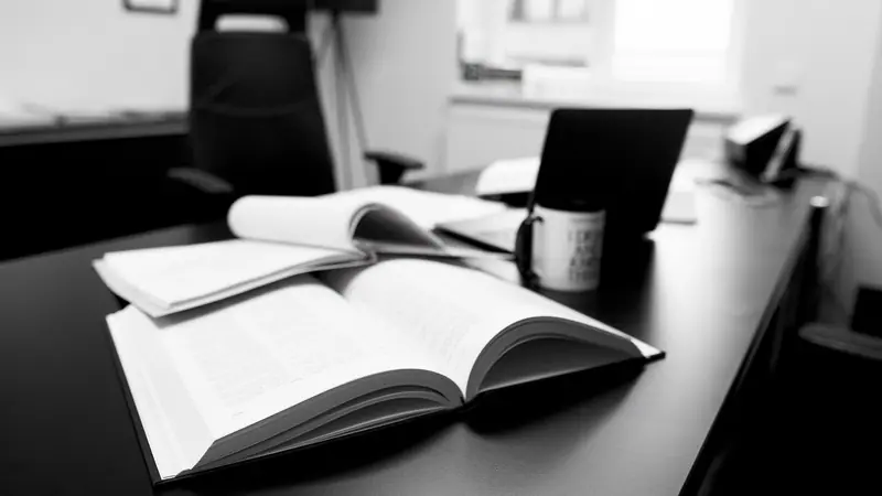 Livros abertos sobre a mesa de um escritório, com cadeira e janela ao fundo, em preto e branco