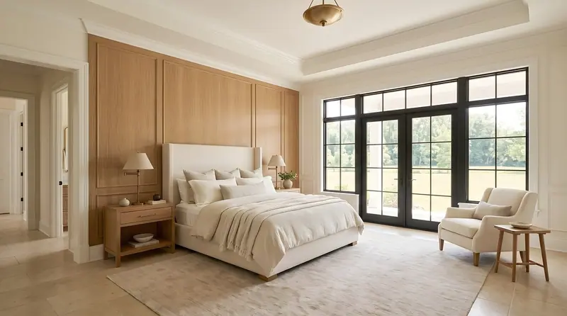 Quarto claro com cama de casal, painel de madeira, poltrona e portas de vidro com vista para o jardim