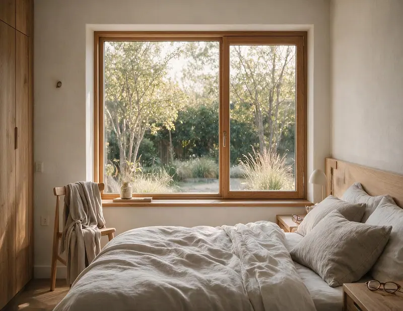 Quarto com cama de lençóis claros ao lado de uma janela ampla de moldura de madeira