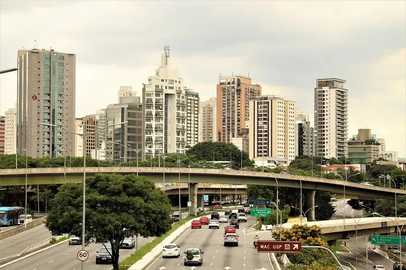 Avenida movimentada de São Paulo com viaduto, árvores e prédios residenciais ao fundo