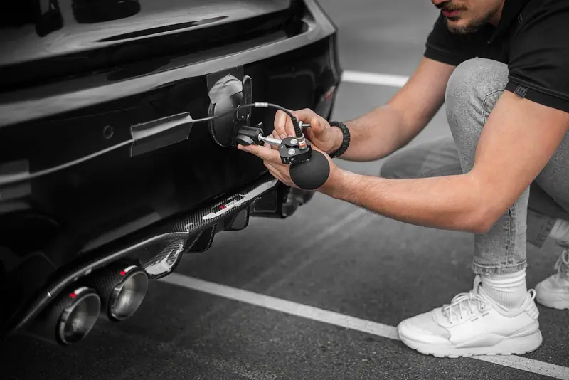 Pessoa agachada prende um microfone de medição perto do escapamento de um carro